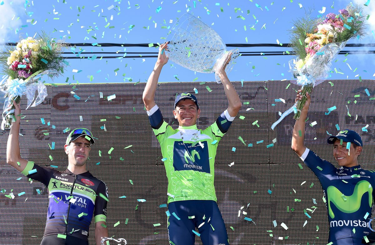 Dayer Quintana (Movistar) holds his trophy aloft