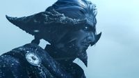 Final Fantasy XIV: Evercold - An Au-Ra with dark blue horns and one eye standing in the snow
