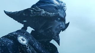 Final Fantasy XIV: Evercold - An Au-Ra with dark blue horns and one eye standing in the snow