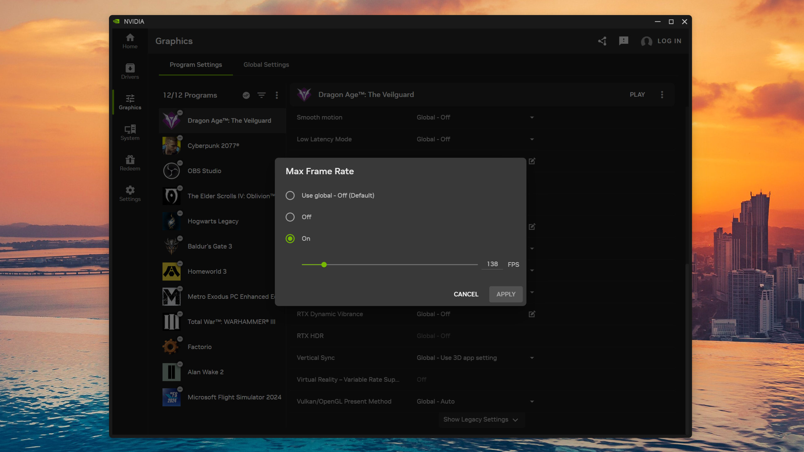 A screenshot of the April 2026 version of the Nvidia App, showing how a game's performance can be limited to a specific frame rate