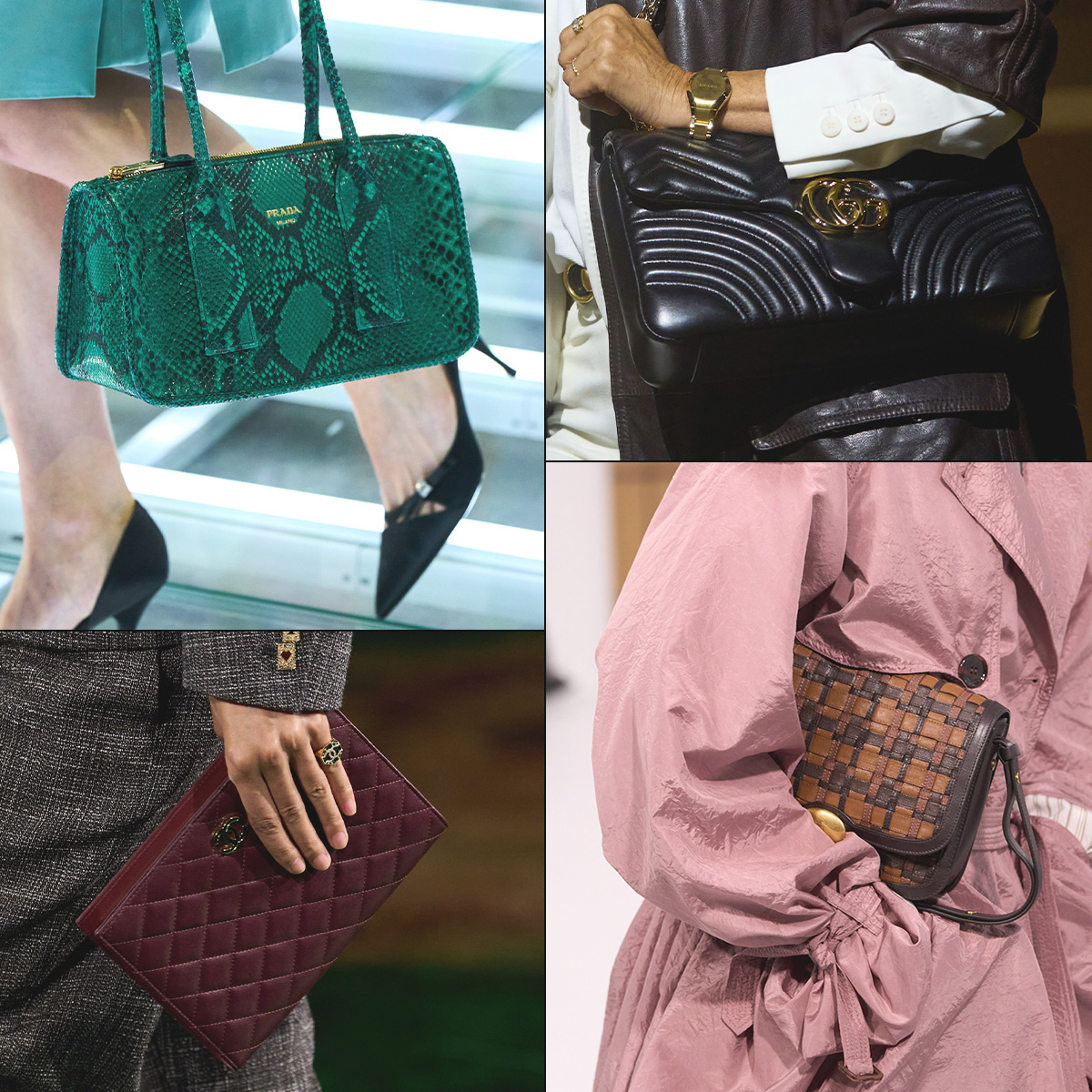 a collage of detail runway images featuring the major handbag trends of spring/summer 2027