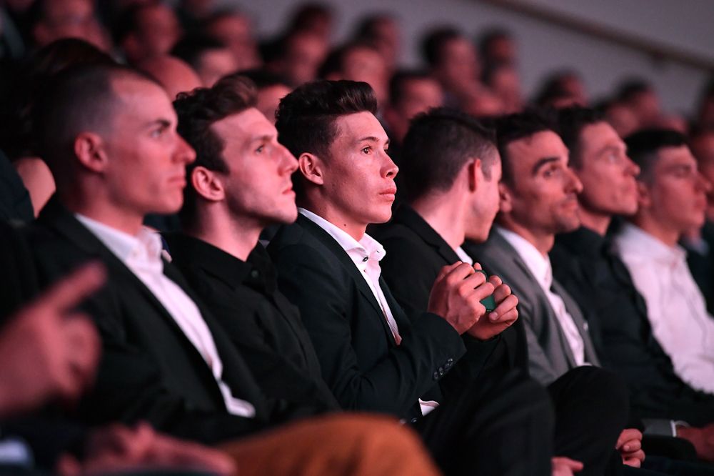 Enric Mas, Simon Yates and Miguel Angel Lopez listen to the 2019 Vuelta a Espana presentation