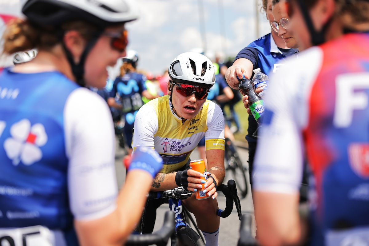 Picture by Alex Whitehead/SWpix.com - 07/06/2022 - Cycling - The Women&acirc;s Tour 2022 - Stage Two - Harlow, England - Clara Copponi of FDJ Nouvelle Aquitaine Futuroscope (Wearing the Leaders Jersey) after Stage Two of The Women's Tour 2022