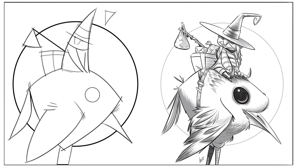 Shapes forming the outline of a drawing of a character design of a witch riding a bird