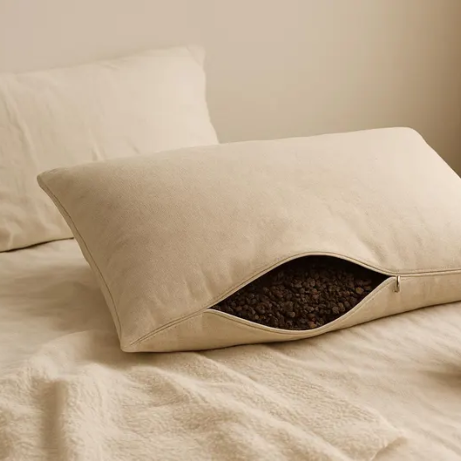 A beige buckwheat pillow on a cream bed