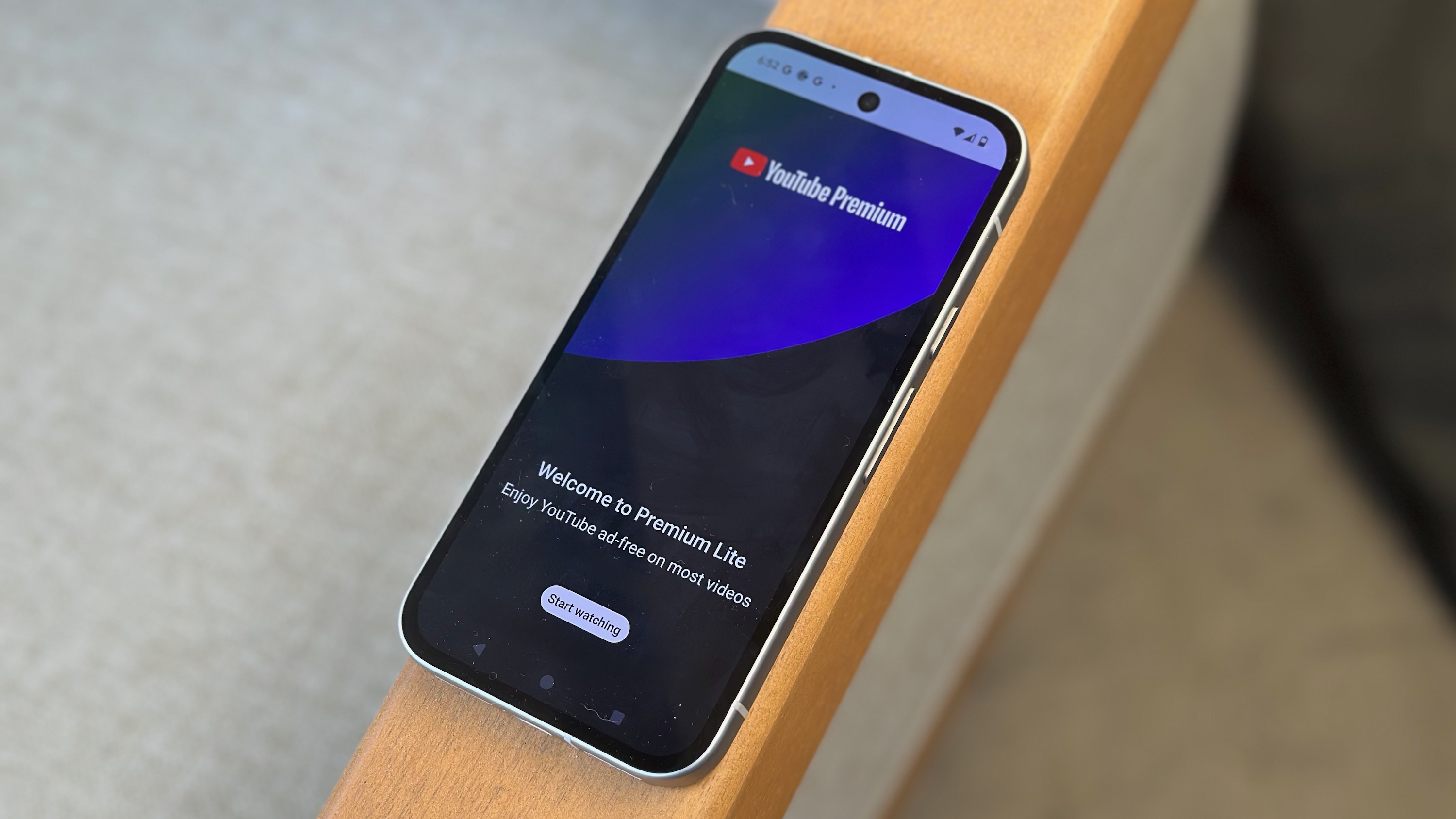 The YouTube Premium Lite opening screen showing "Welcome to Premium Lite. Enjoy YouTube ad-free on most YouTube videos. Start watching."