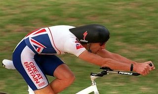 British cyclist Graeme Obree races in his famous superman position