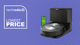 The iRobot Roomba Combo j7 Plus on a purple background with a sticker saying 'lowest price'