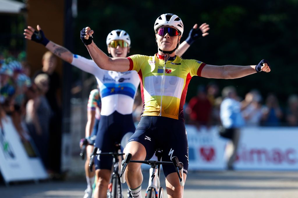 VALKENBURG NETHERLANDS SEPTEMBER 09 LR Lorena Wiebes of The Netherlands and stage winner Lotte Kopecky of Belgium and Team SD Worx Yellow Leader Jersey celebrate at finish line as stage winner during the 25th Simac Ladies Tour 2023 Stage 4 a 1316km stage from Valkenburg to Valkenburg UCIWWT on September 09 2023 in Valkenburg Netherlands Photo by Bas CzerwinskiGetty Images
