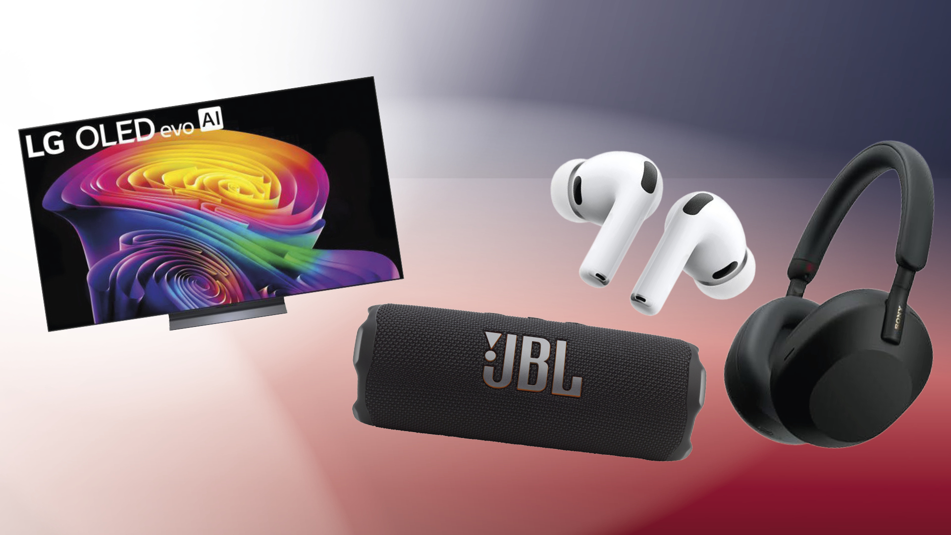 An image with press images of the LG C6, JBL Flip 7, Apple AirPods Pro 3 and Sony WH-1000XM5