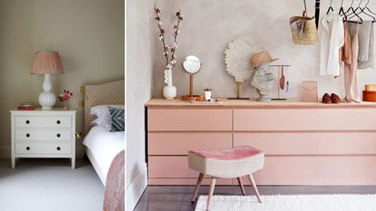 A split image of bedroom drawers, one is a bedside table with a lamp, the other is a large pink set of drawers 