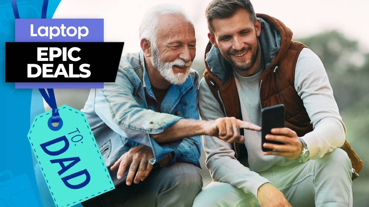 AT&amp;T Father&#039;s Day sale 2023: Man holding smartphone with dad outside