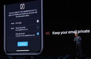 Federighi shows off an interface screen for Sign in with Apple at WWDC 2019. Credit: Apple