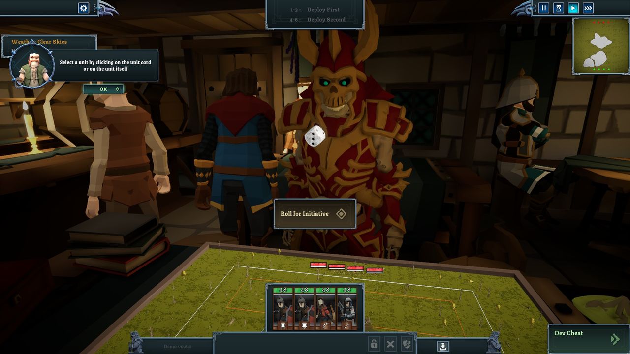 Various screenshots of the Tabletop Tavern demo, displaying mechanics and choices made in the roguelike RTS.