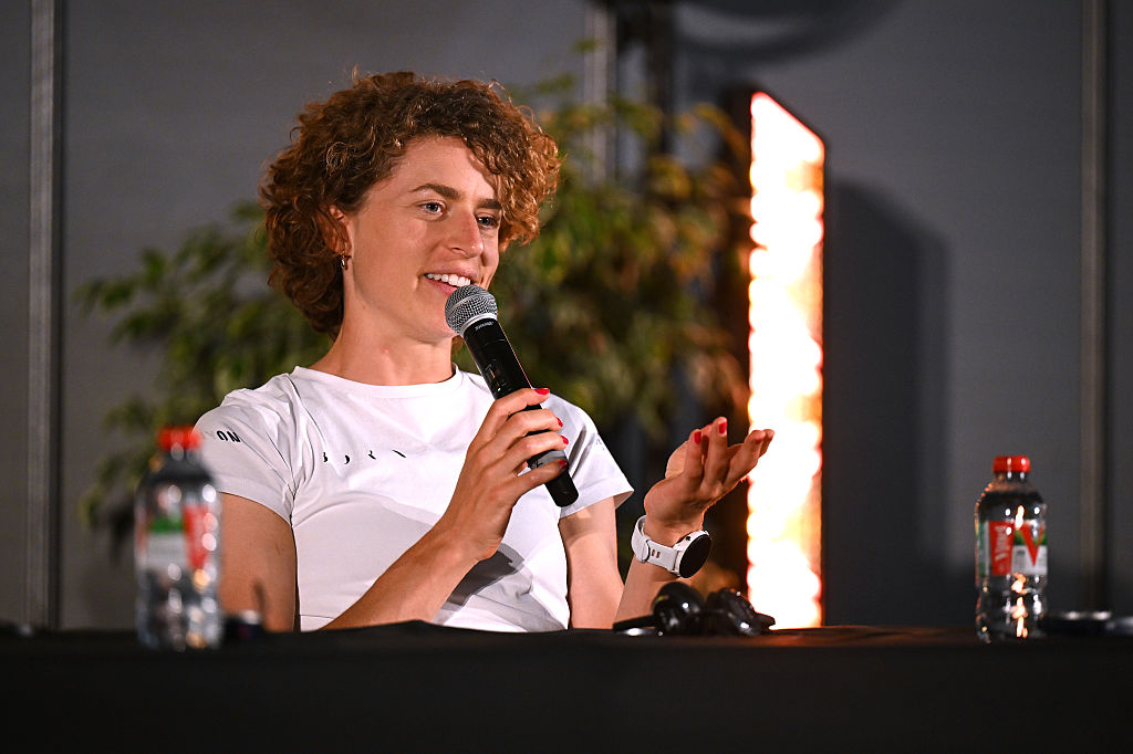 VANNES, FRANCE - JULY 25: Marlen Reusser of Switzerland and Team Movistar during the Top Riders Press Conference prior to the 4th Tour de France Femmes 2025 / #UCIWWT / on July 25, 2025 in Vannes, France. (Photo by Szymon Gruchalski/Getty Images)