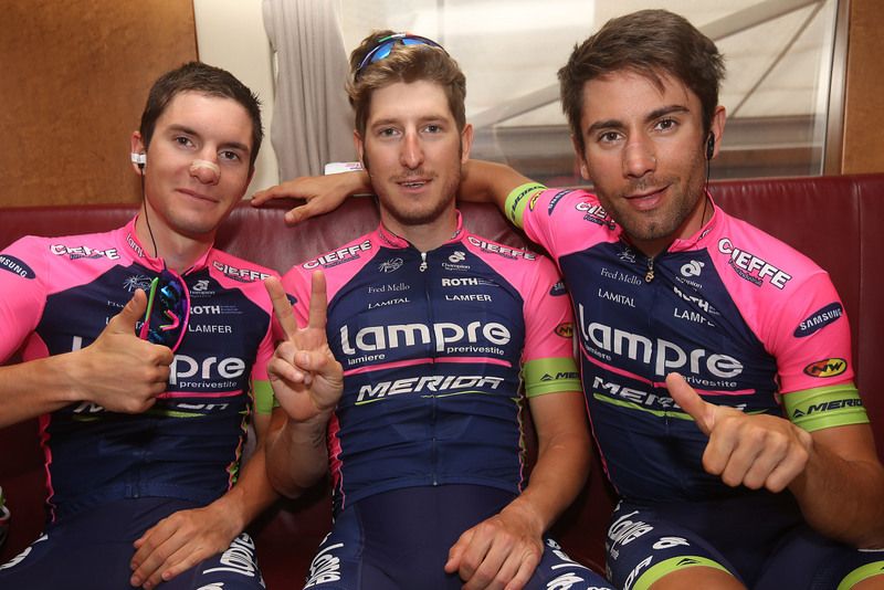 Lampre-Merida's three stage winners, Jan Polanc, Sacha Modolo and Diego Ulissi all together in the team bus