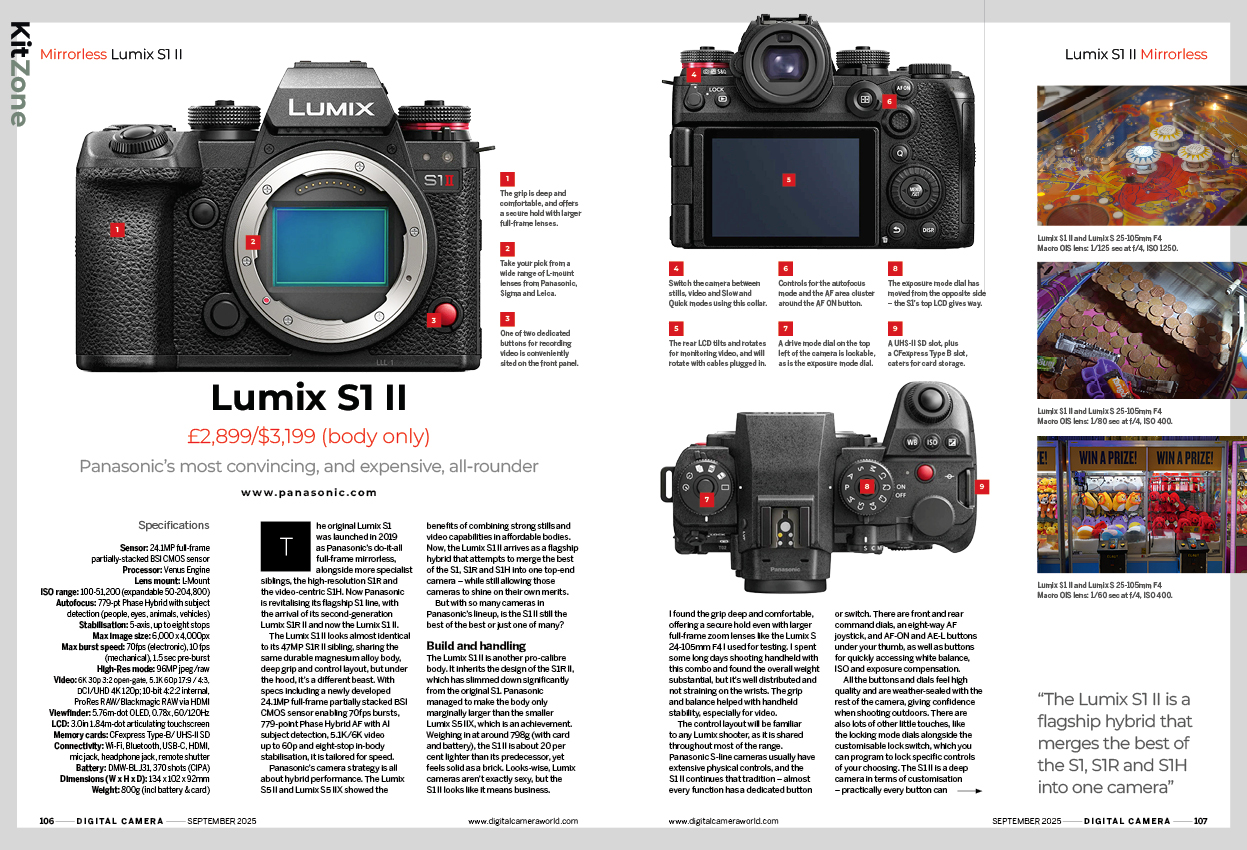Image showing the first two pages of the Lumix S1 II camera review, in issue 298 (September 2025) of Digital Camera magazine