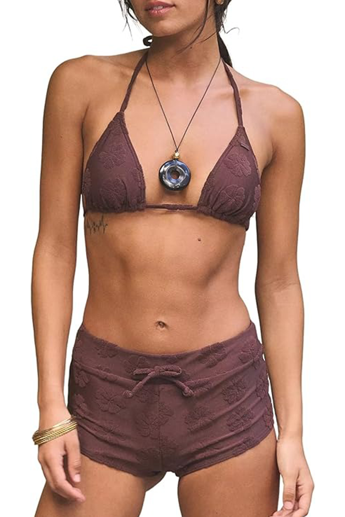 Zaful Women's 2 Piece Bikini Set With Boyshort Halter Striped Triangle Swimsuits String Cheeky Bathing Suit(5-Flower Brown, S)