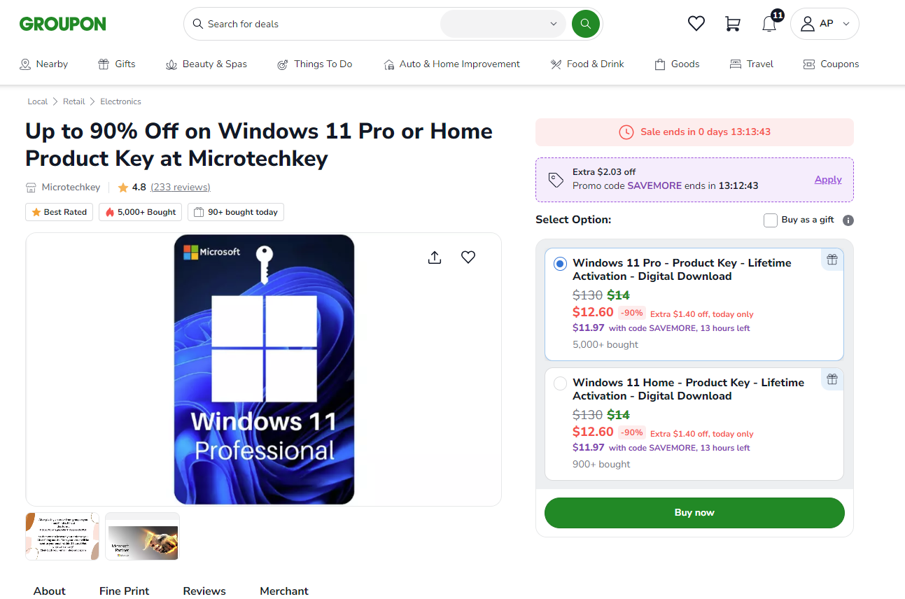 Groupon Windows 11 Page