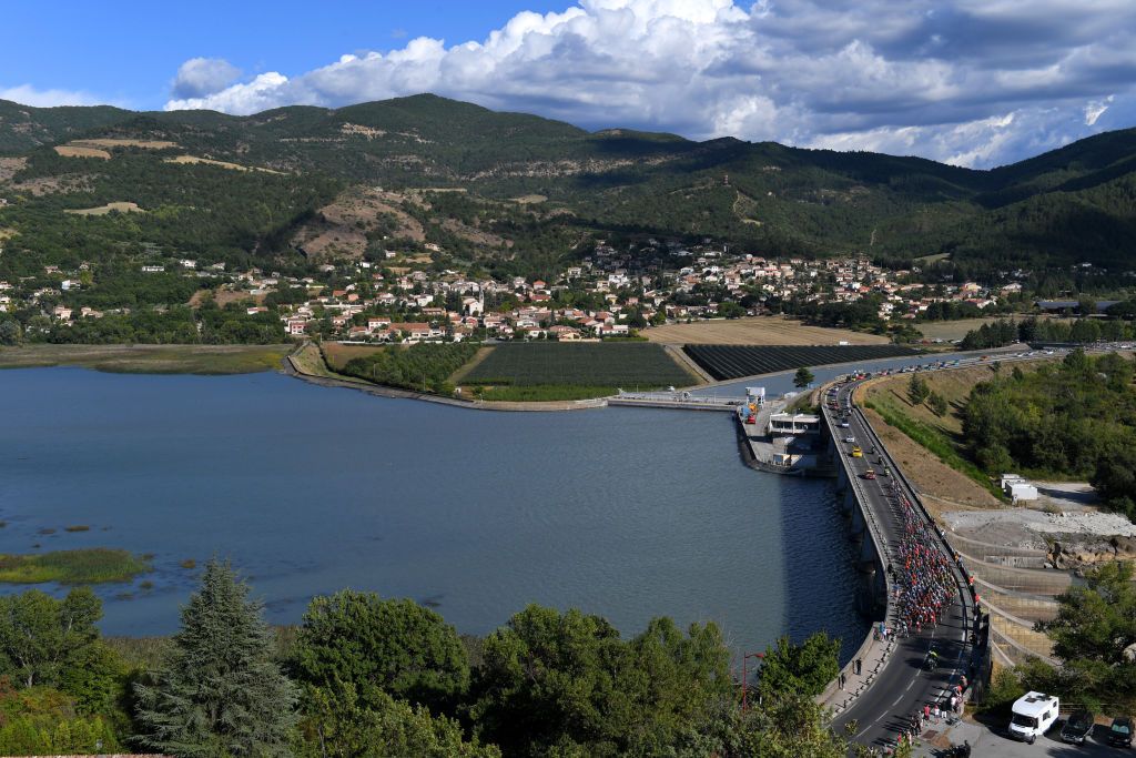 SISTERON FRANCE AUGUST 31 Chateau Arnoux Saint Auban 442m Peloton Landscape Mountains Bridge during the 107th Tour de France 2020 Stage 3 a 198km stage from Nice to Sisteron 488m TDF2020 LeTour on August 31 2020 in Sisteron France Photo by Tim de WaeleGetty Images