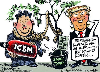 Political cartoon U.S. North Korea Kim Jong Un ICBM Trump deal