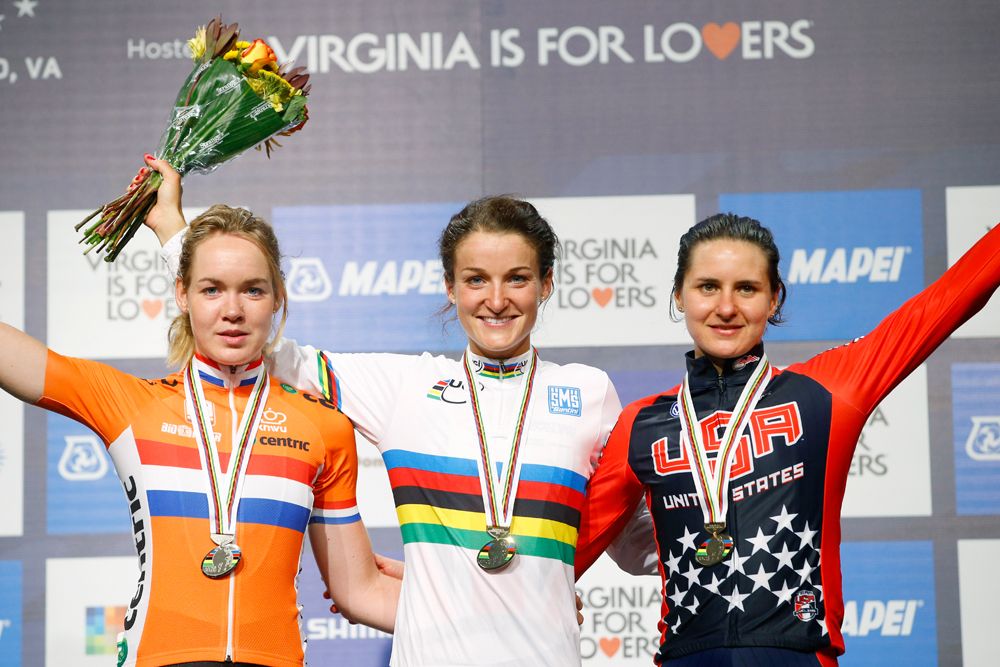 Elizabeth Armitstead (Great Britain) on the podium with Anna Van Der Breggen (Netherlands) and Megan Guarnier (United States Of America)