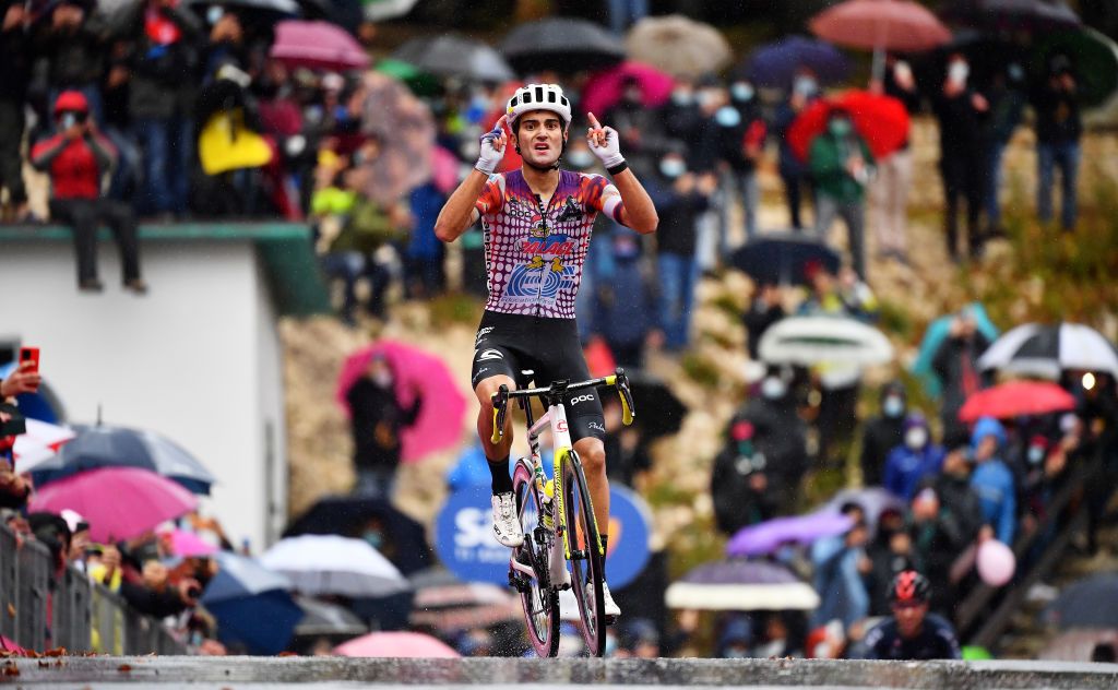 ROCCARASO ITALY OCTOBER 11 Arrival Ruben Guerreiro of Portugal and Team EF Pro Cycling Celebration during the 103rd Giro dItalia 2020 Stage 9 a 207km stage from San Salvo to Roccaraso Aremogna 1658m girodiitalia Giro on October 11 2020 in Roccaraso Italy Photo by Stuart FranklinGetty Images