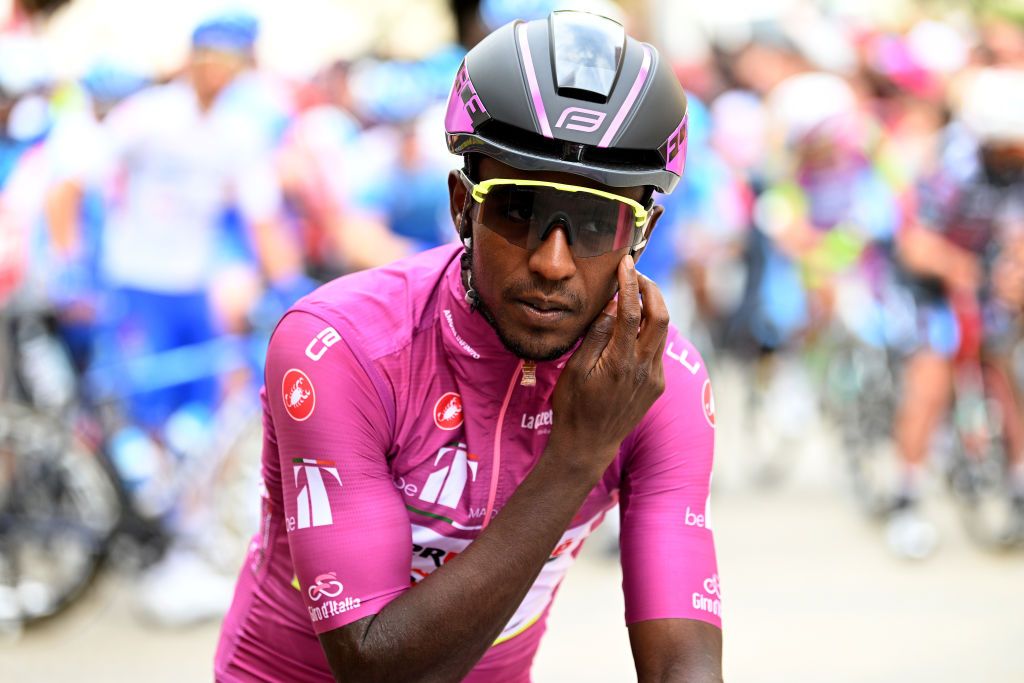 BALATONFURED HUNGARY MAY 08 Hailu Biniam Girmay of Eritrea and Team Intermarch Wanty Gobert Matriaux purple points jersey prior to the 105th Giro dItalia 2022 Stage 3 a 201km stage from Kaposvr to Balatonfred Giro WorldTour on May 08 2022 in Balatonfured Hungary Photo by Stuart FranklinGetty Images