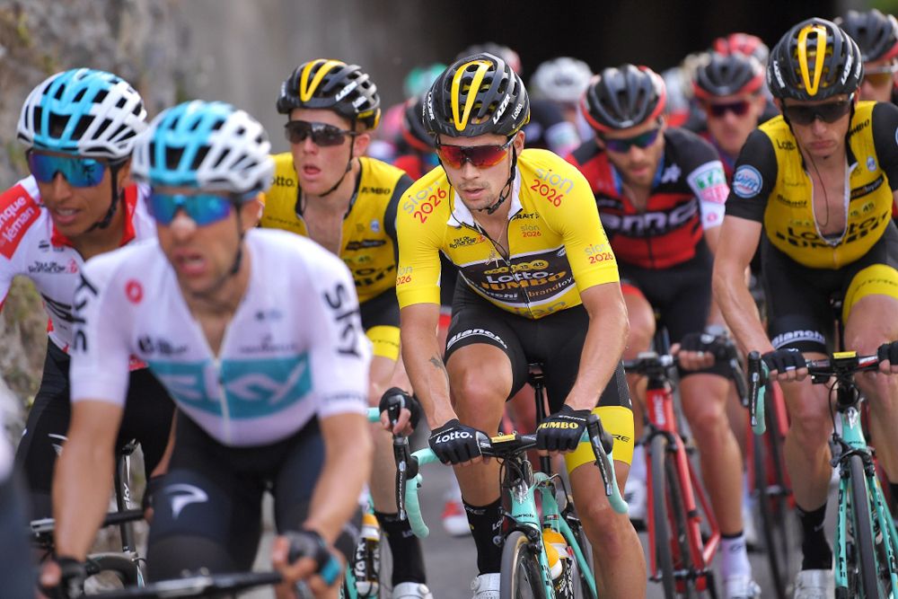 Primoz Roglic in yellow during stage 4 at Tour de Romandie