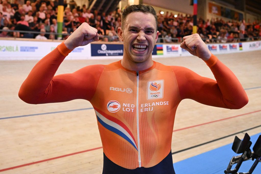 Netherlands&acirc; Harrie Lavreysen celebrates wining the Men's 1 Km Time Trial - Final race of the UCI Track Cycling World Championships in Ballerup, Denmark, on October 18, 2024. (Photo by Jonathan NACKSTRAND / AFP)