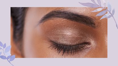 threading eyebrows vs waxing: Close up of closed eye and eyebrow on purple background