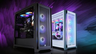 Two AWD IT gaming PCs standing in front of a purple and blue background