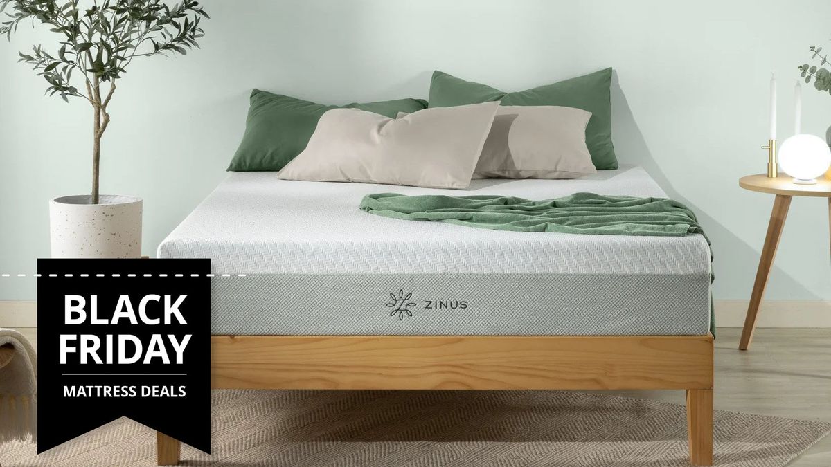 The Zinus Green Tea Luxe Memory Foam Mattress placed on a light wooden bed frame with a Black Friday mattress sales badge overlaid