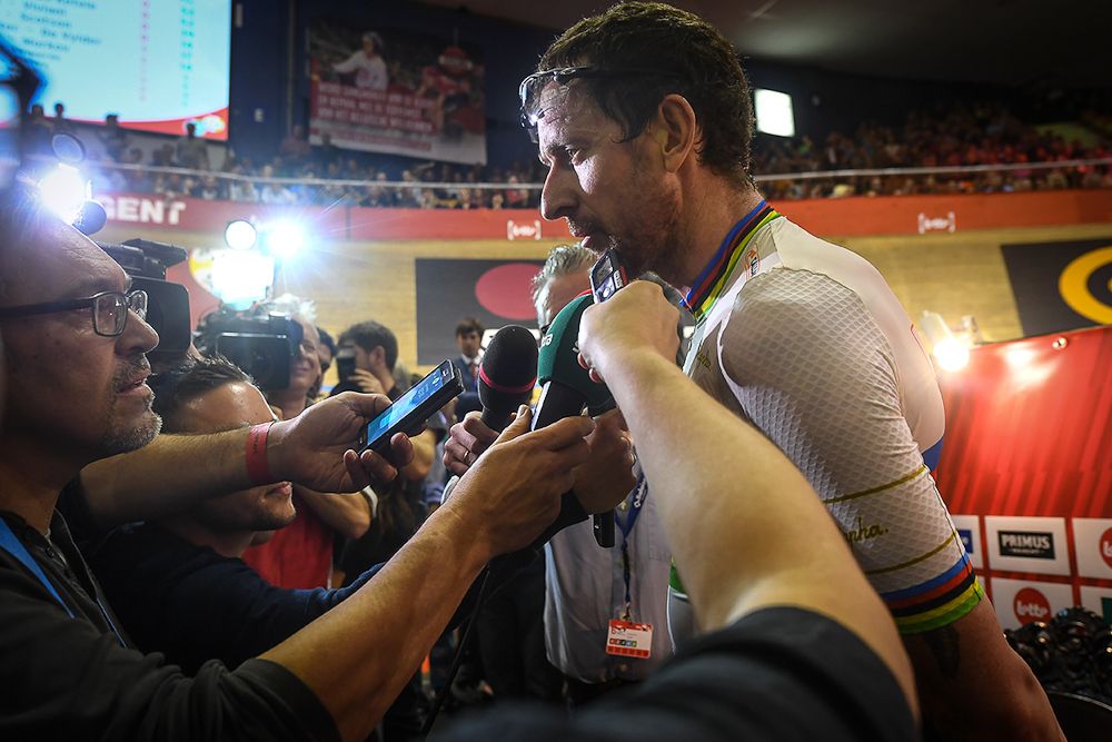 Bradley Wiggins speaks with the media at the Gent Six day
