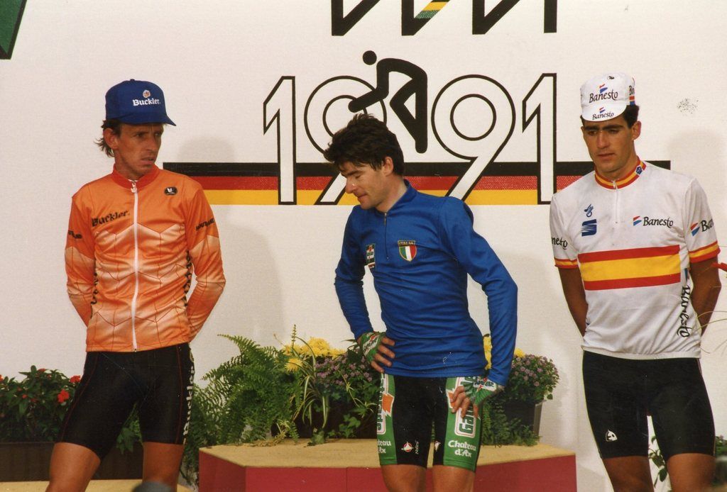 Gianni Bugno on the podium bout to collect his first rainbow jersey in 1991