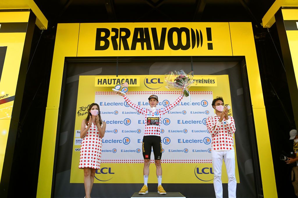 HAUTACAM FRANCE JULY 21 Jonas Vingegaard Rasmussen of Denmark and Team Jumbo Visma celebrates at podium Polka Dot Mountain Jersey winner during the 109th Tour de France 2022 Stage 18 a 1432km stage from Lourdes to Hautacam 1520m TDF2022 WorldTour on July 21 2022 in Hautacam France Photo by Dario BelingheriGetty Images