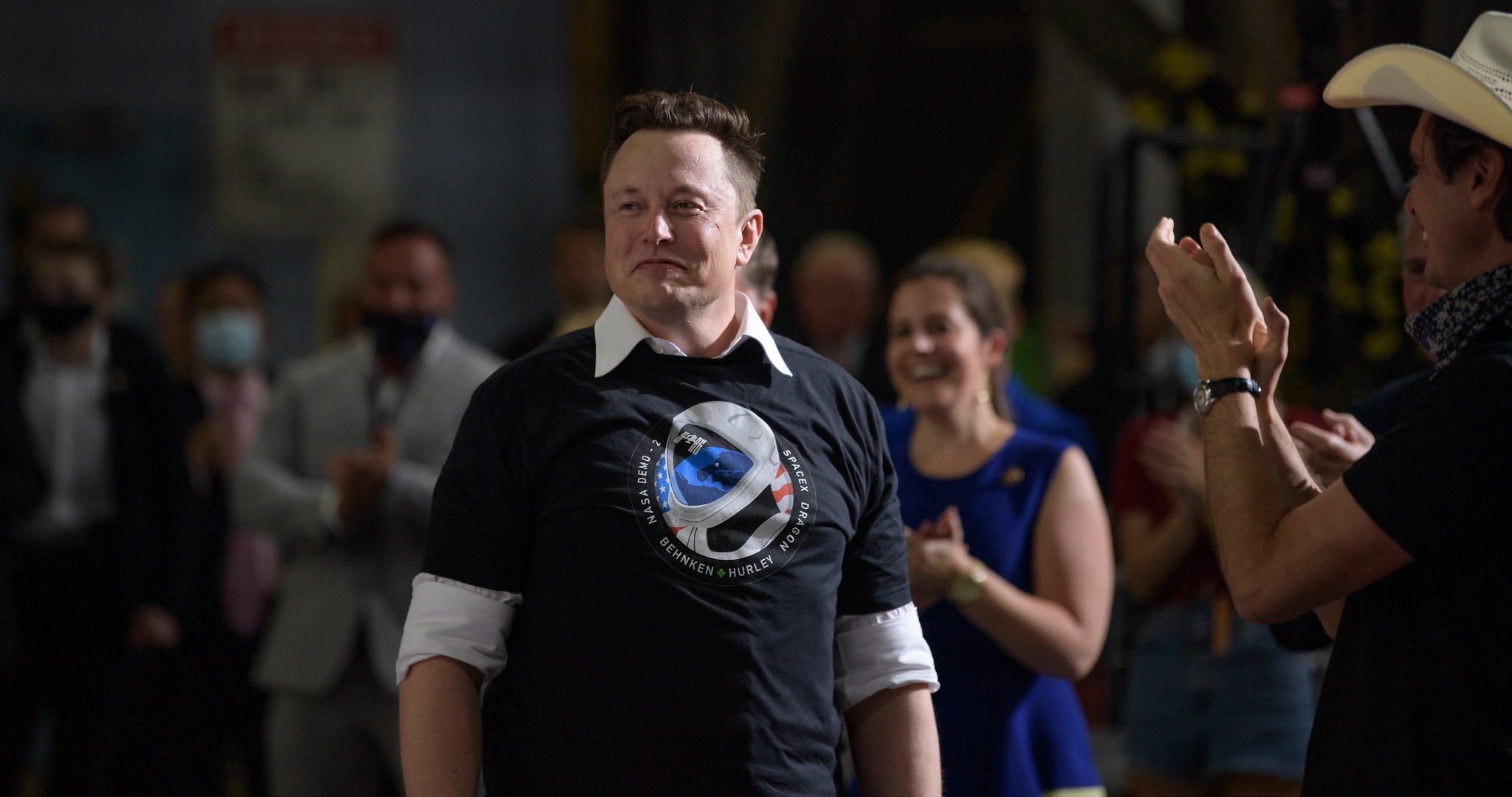 Elon Musk and the SpaceX team are recognized by Vice President Mike Pence at NASA’s Kennedy Space Center following the launch of the company’s Demo-2 mission to the International Space Station in May 2020.