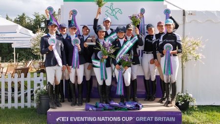 Team Great Britain take the win for the FEI Eventing Nations Cup&trade; | GREAT BRITAIN CCIO4*-S. GOLD: TEAM GREAT BRITAIN: Kirsty Chabert and Classic VI; Tom Rowland and LB Mettaphor; Laura Collett and Hester; Tom McEwen and Shannondale Arnold. SILVER: TEAM USA: Tommy Greengard and That&rsquo;s Me Z; Quidley Kellermann and Blakeneys Cruise; Cassie Sanger and Fernhill Zorro; Alexandra Knowles and Montpellier Scais. BRONZE: TEAM NEW ZEALAND: Vicky Browne-Cole and Cutting Edge; Abby Jones and Henton Audacious; Ginny Thomasen and Katchafire; Tayla Mason and E.G. Tiger Chilli. 2026 Bicton International Horse Trials. Bicton Arena, East Budleigh, Devon, England. Sunday 31 May 2026. Copyright Photo: FEI / Libby Law Photography