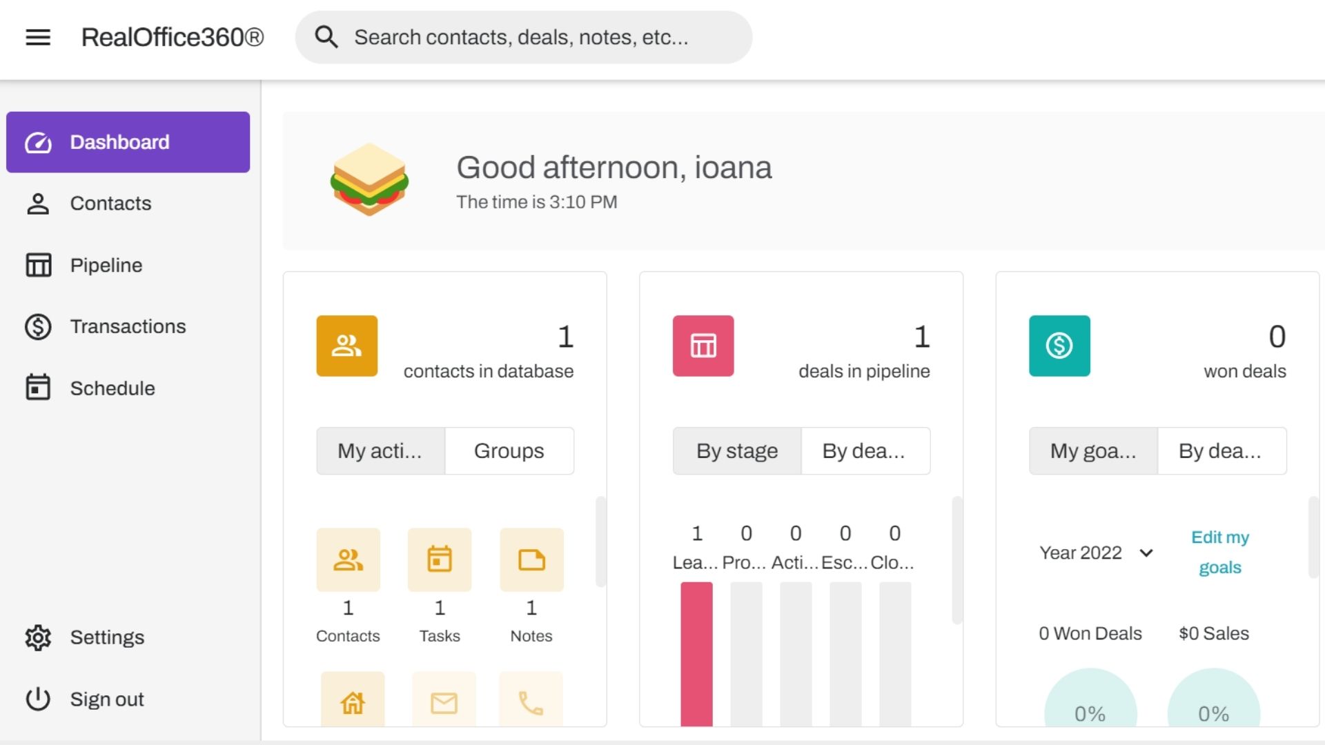 Screenshot of RealOffice360 CRM home dashboard