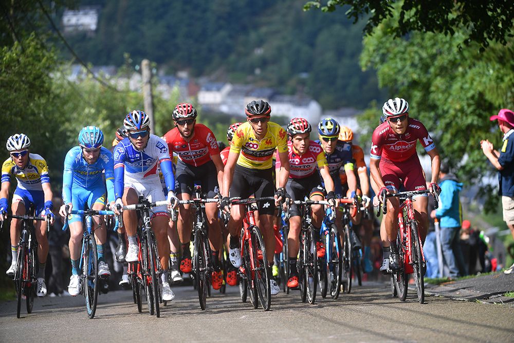 Dylan Teuns leads the group up a climb at Wallonie