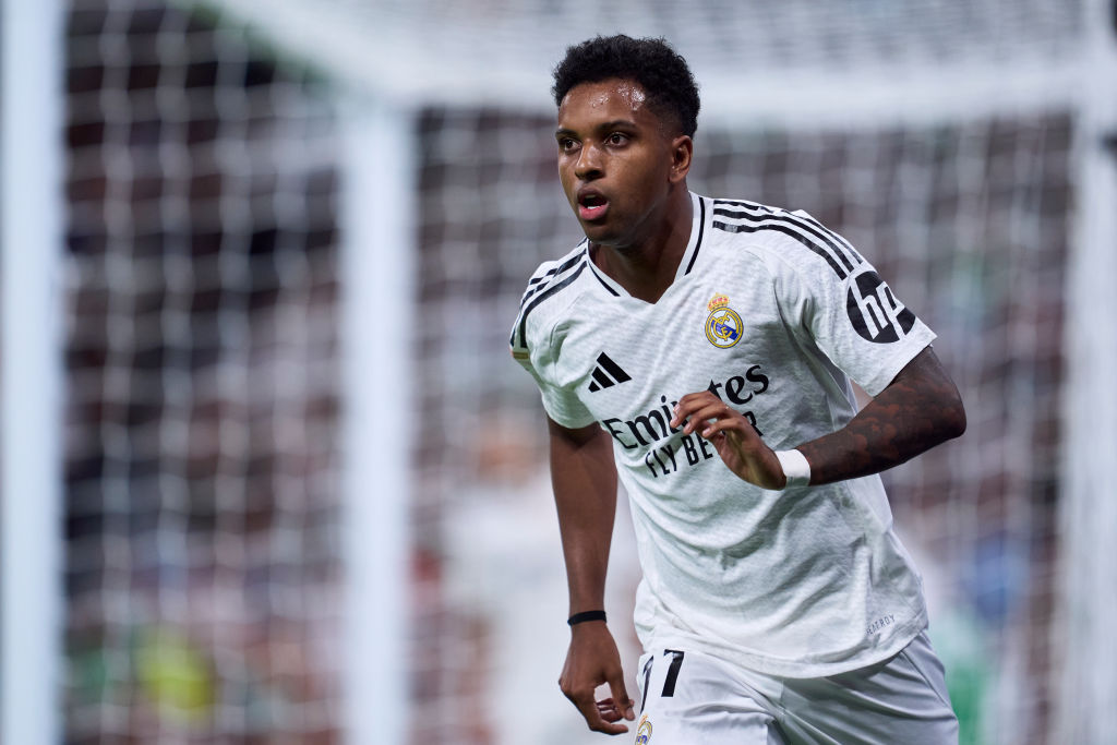 Rodrygo Goes of Real Madrid CF looks on during the La Liga EA Sports match between Real Madrid CF and Real Betis Balompié at Estadio Santiago Bernabeu on September 01, 2024 in Madrid, Spain.