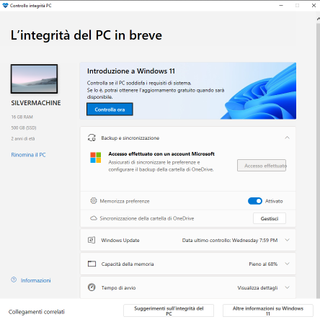 Schermata iniziale dell'app Controllo integrità PC