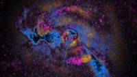 Swirls of blue, yellow and purple lights show the shape of a galaxy cluster in space