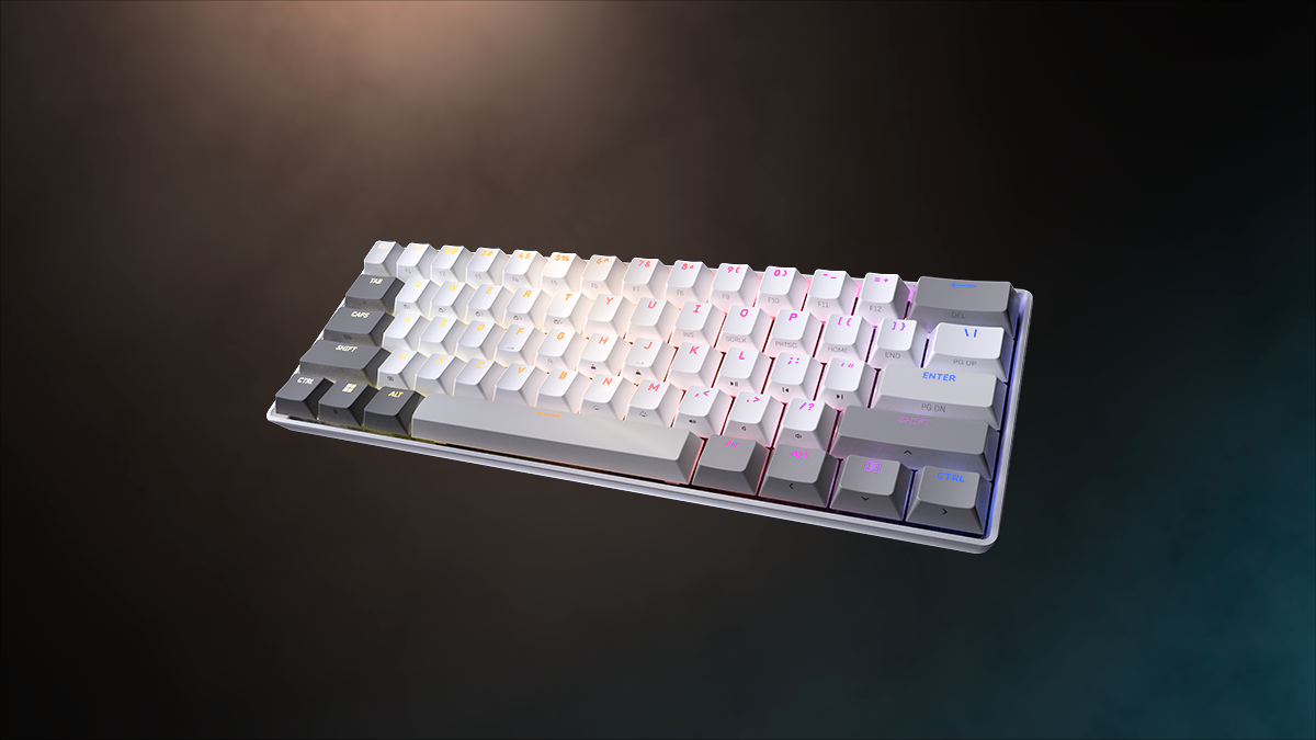 Corsair Clipper Pro Mini 60 gaming keyboard on a black background with light at the top