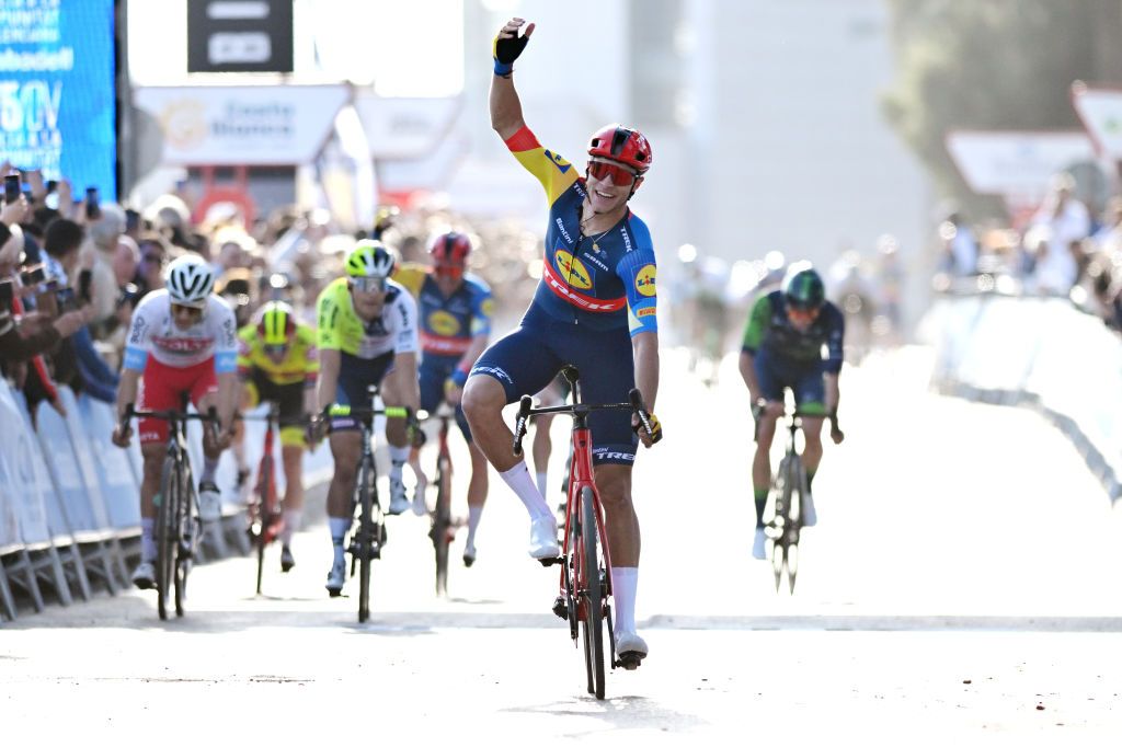 ORIHUELA SPAIN FEBRUARY 02 Jonathan Milan of Italy and Team Lidl Trek celebrates at finish line as stage winner during the 75th Volta a la Comunitat Valenciana 2024 Stage 3 a 1613km stage from San Vicente del Raspeig to Orihuela on February 02 2024 in Orihuela Spain Photo by Dario BelingheriGetty Images