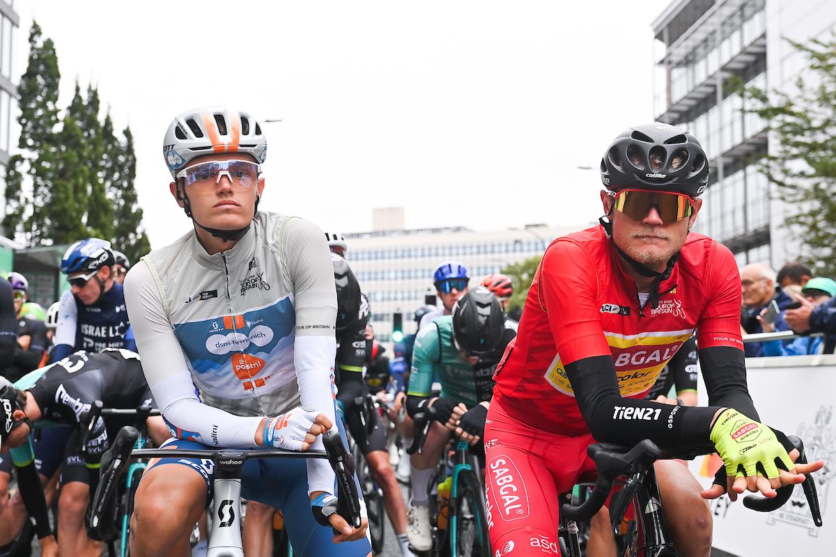 Picture by Will Palmer/SWpix.com - 05/09/2024 - Lloyds Bank Tour of Britain 2024 - Stage 3:&Acirc;&nbsp;Sheffield to Barnsley - (L) Oscar Onley (Team dsm-firmenich PostNL) in the Best Young Rider Jersey, (R) Julius Johansen (Sabgal / Anicolor) in the Points Jersey