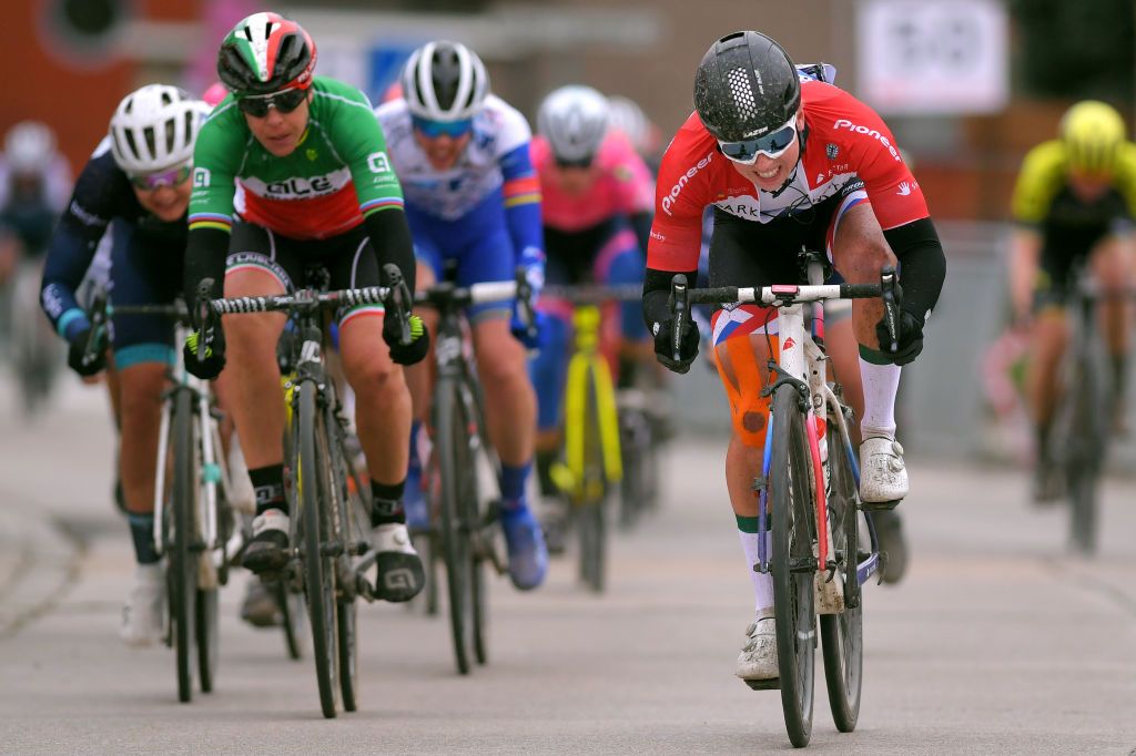 TIELTWINGE BELGIUM MARCH 01 Sprint Arrival Lorena Wiebes of The Netherlands and Team Parkhotel Valkenburg Marta Bastianelli of Italy and Team Al Btc Ljubljana during the 16th Spar Omloop Van Het Hageland 2020 Women Elite a 130km race from Tienen to TieltWinge LottoCyclingCup BELCycling on March 01 2020 in TieltWinge Belgium Photo by Luc ClaessenGetty Images