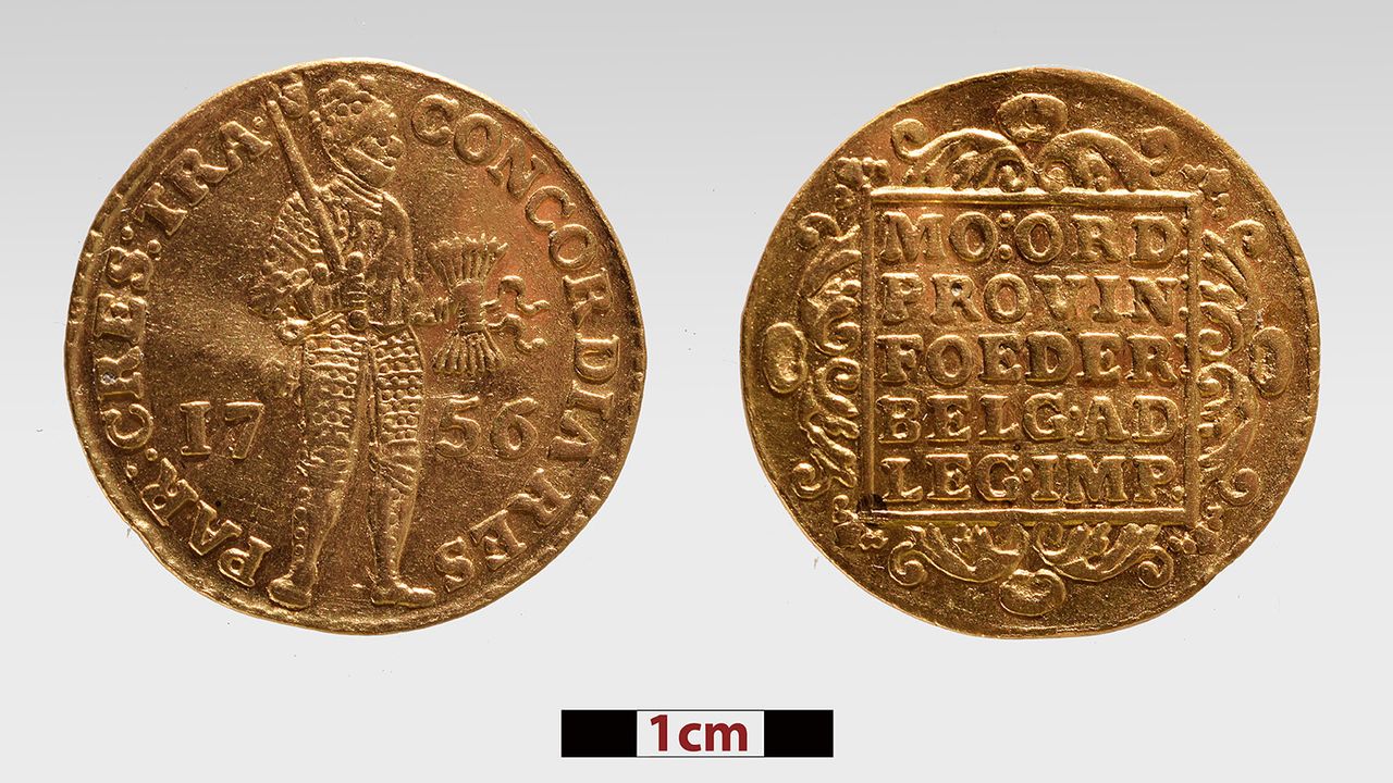 The artifacts recovered from the Mentor shipwreck by the Greek government excavations include several pieces of gold jewelry and gold coins, such as this Spanish coin from 1756.