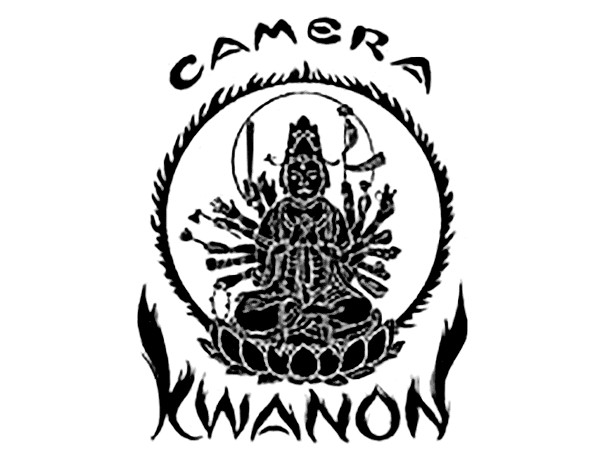 The original 1934 logo for the Kwanon camera, featuring an intricate illustration of the thousand-armed Buddhist Goddess of Mercy, Kwannon, surrounded by flames and stylized text.