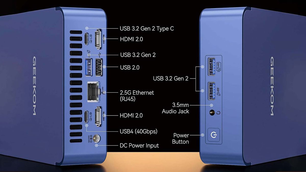An image showing Geekom AX7 Pro's front and back ports. On the back &mdash; two HDMI 2.0 ports, a USB-A 3.2 Gen 2 port, two USB-C 3.2 Gen 2 ports, and an RJ45 port. On the front &mdash; two USB-A 3.2 Gen 2 ports and a 3.5mm audio jack.